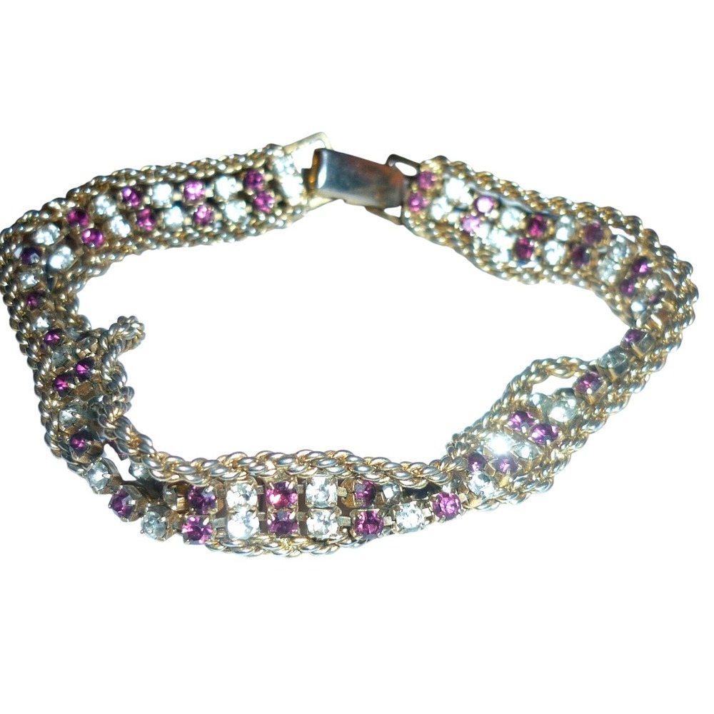 Vintage Gold Tone Purple and White Rhinestone Triple Row Tennis Bracelet 7 Inch‎